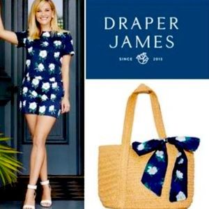 NWT Draper James Straw Tote Bag with Blue Floral Scarf